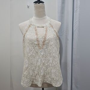 LUSH Ivory Lace Halter Top Large – Keyhole Embroidered Racerback Blouse